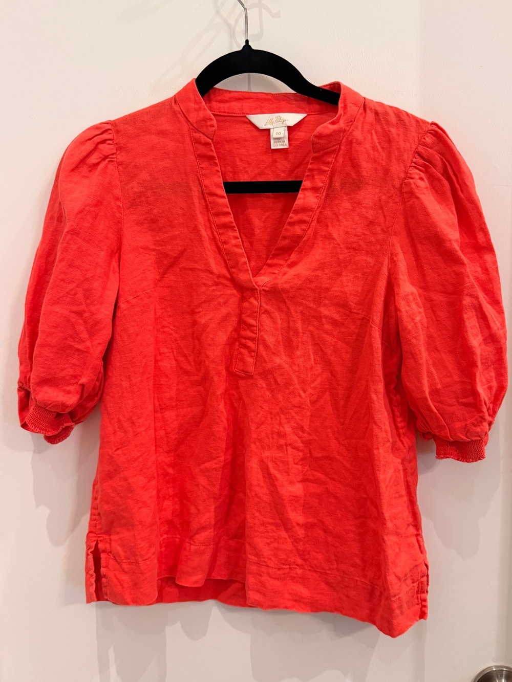 Lilly Pulitzer Coral Pink Linen Puff Sleeve V-Neck Top Size 00 Resort‎ Coastal